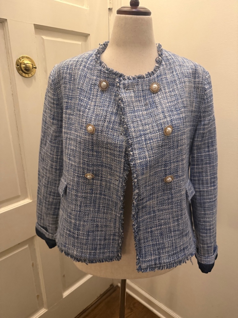 Maeve Light Blue Tweed Pearl-Button Blazer